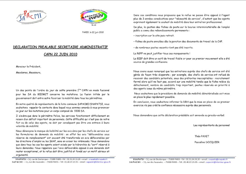 Déclaration préalable CAPN SA du 220610 Déclaration préalable CAPN SA du 220610