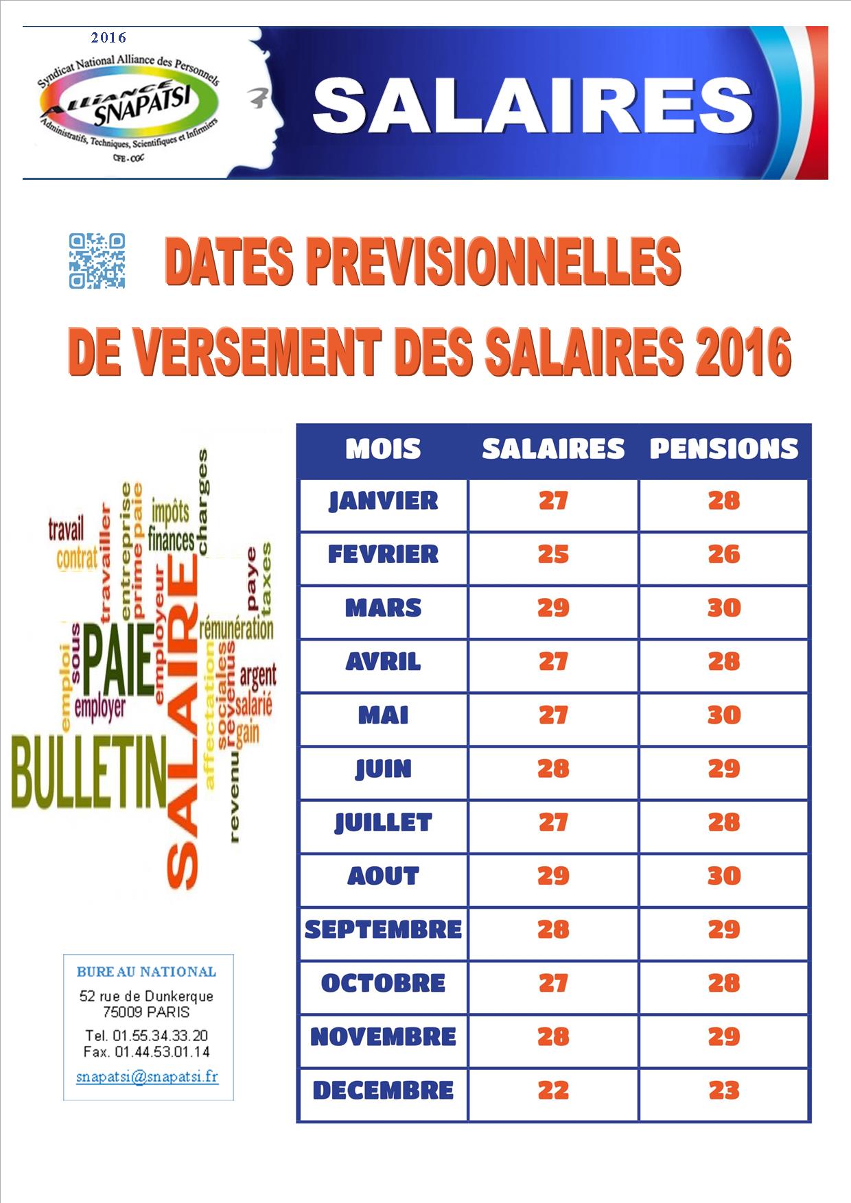 Calendrier 2016 des versements de salaires